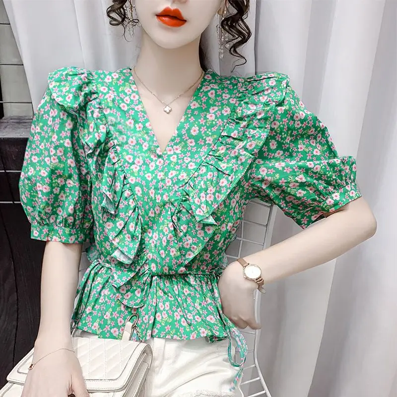 Office Lady Broken Flower Printed Shirt Summer New Elegant V-Neck Spliced Casual Ruffles Women\'s Clothing Slim Drawstring Blouse