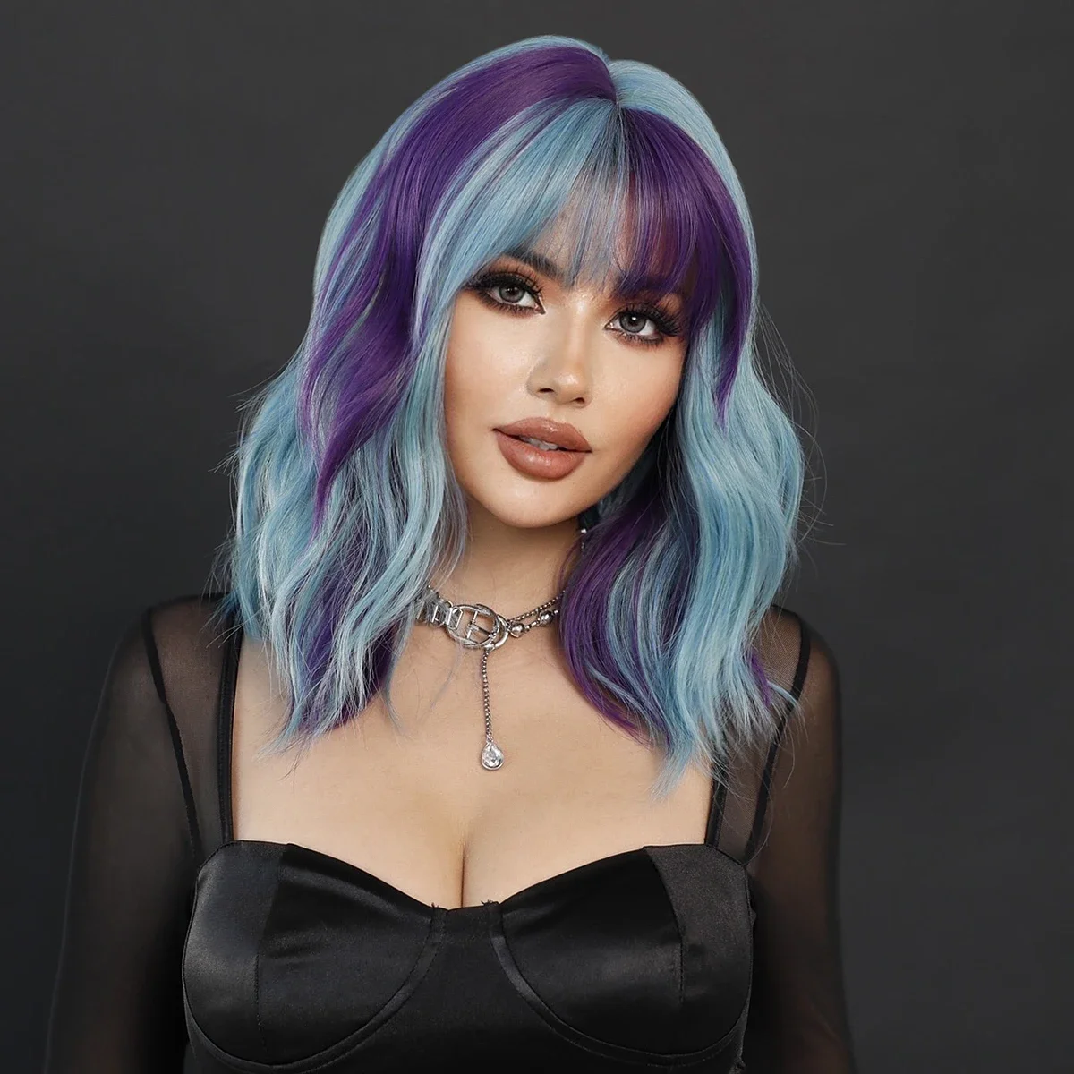 Synthetic Body Wavy Light Blue Hair Wig with Bangs for Women Daily Party High Density Middle Length Highlight Purple Wigs