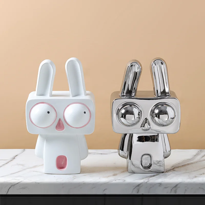 Electroplated white eyed expression bunny animal model Nordic style high-end home display cabinet aesthetic decoration crafts