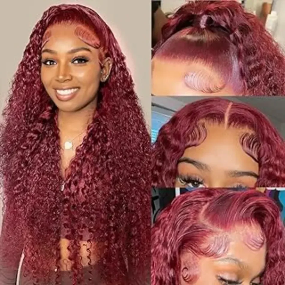 

99j Burgundy 13x6 hd Lace Frontal Wigs Preplucked Colored Deep Wave Frontal Wig HD Transparent Lace Human Hair Wig 200 Density