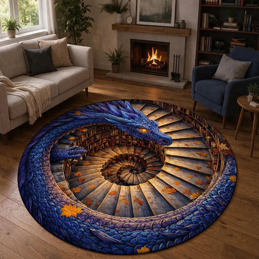 Blue Dragon Spiral Library Stairs print Circle Rug living room sofa rug study desk room game room home decor Non Slip Rug