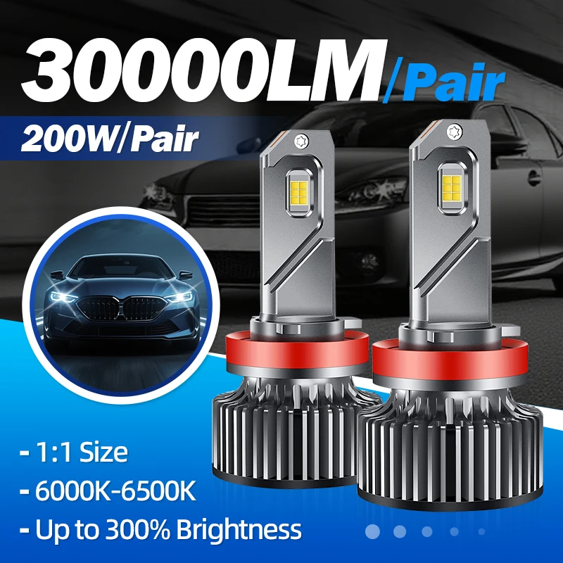 

2x H11 LED Headlights Bulbs 9005 HB4 Car Lamp 30000LM 200W Canbus Plug And Play Super Bright 6500K White With Cooling Fan