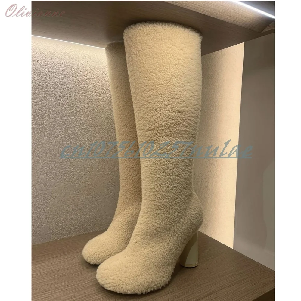 

Beige Lambswool Round Toe Mid Calf Boots Elegant Retro Style New Chunky High Heel Fashion Women Shoes 2025 Autumn Para Mujere