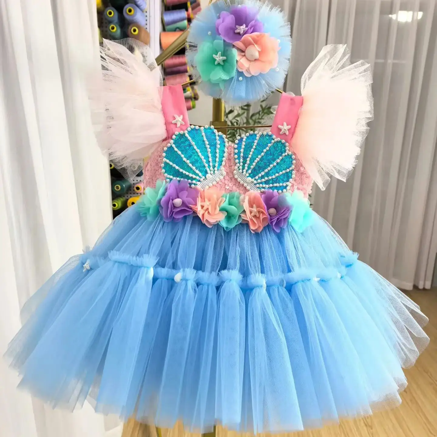 

Платье принцессы-русалки Dreamy Vow D265 для девочек с повязкой на голову, синяя пышная тюлевая юбка, топ с пайетками в виде ракушки, детский костюм для Хэллоуина