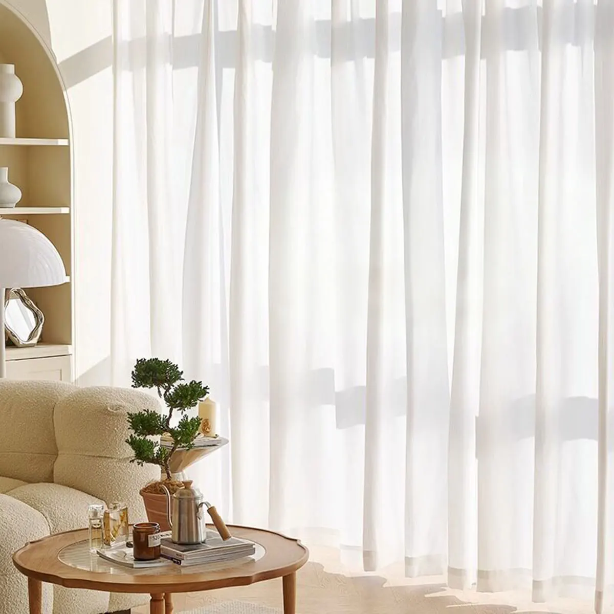 White Fixed Pleat Light Filtering Sheer Curtains, Soft Voile Drapes, Cream Style Floor Curtains for Living Room Bedroom