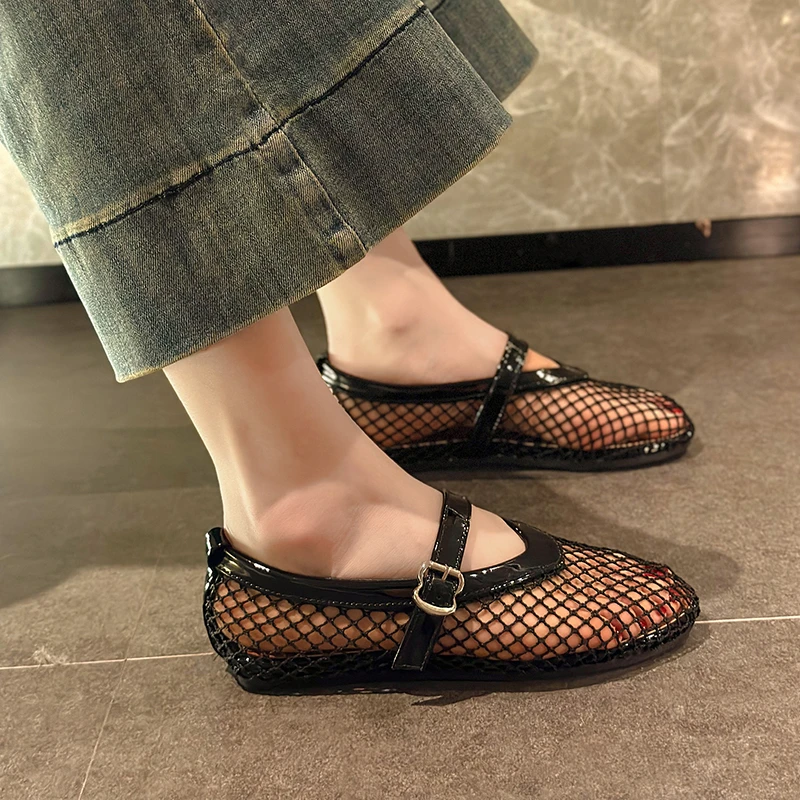 Round Head Mesh One-line Buckle Ballet Single Shoes New Full Flash Flat Hollow Mary Jane Sandals Fishnet Shoes