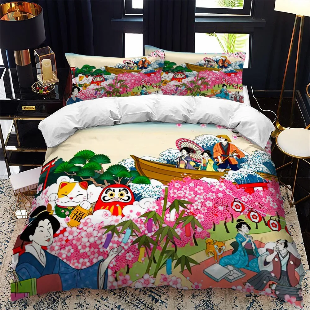 Japanese Geisha Duvet Cover King/Queen Size Women Eat Sushi Pattern Bedding Set Girly Asian Culture Japan Polyester Quilt Cover