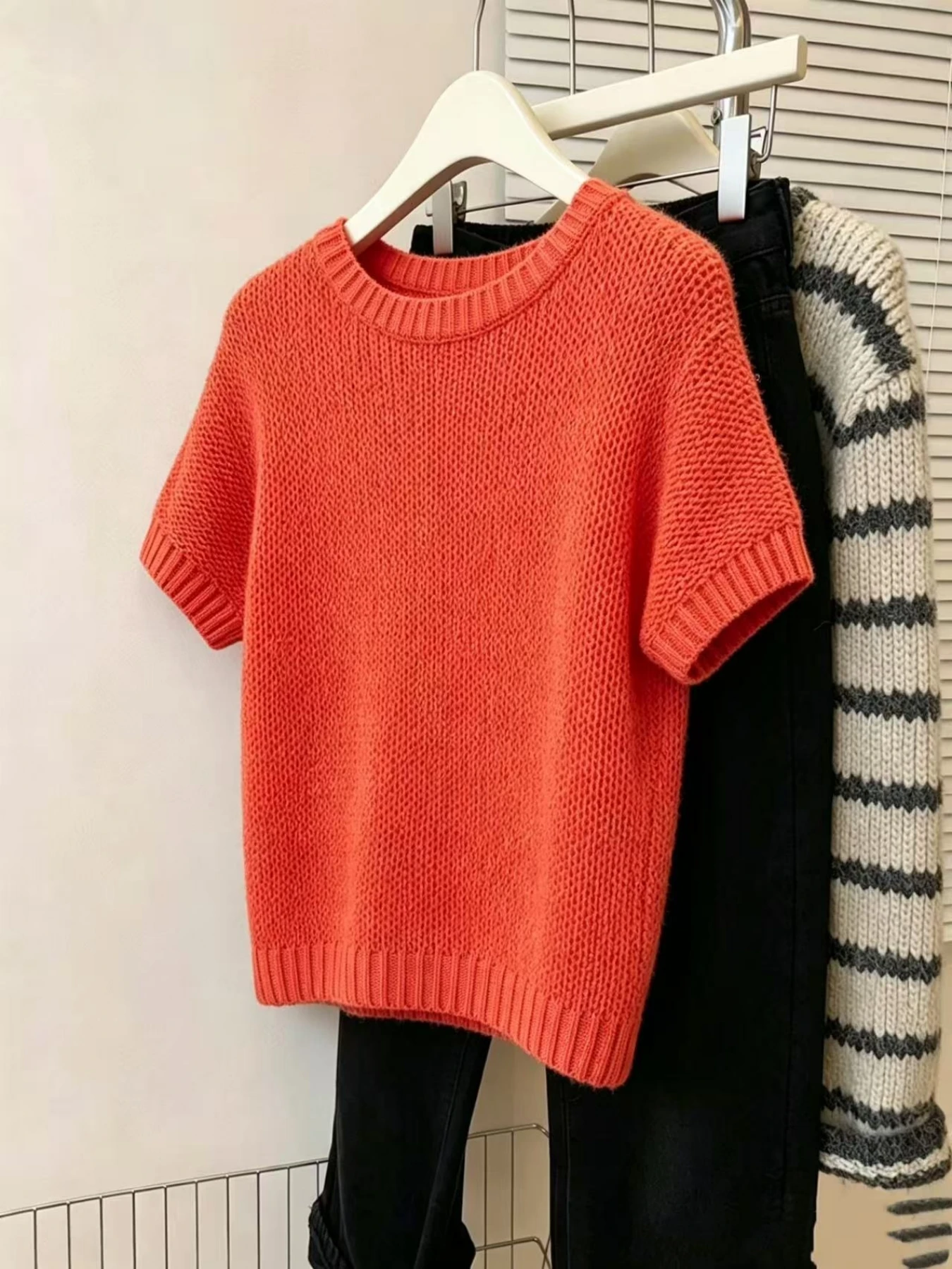 Orange Chunky Knit Short Sleeve Top for Women, Crew Neck Loose Casual Knit Sweater, Soft Knitwear for Layering