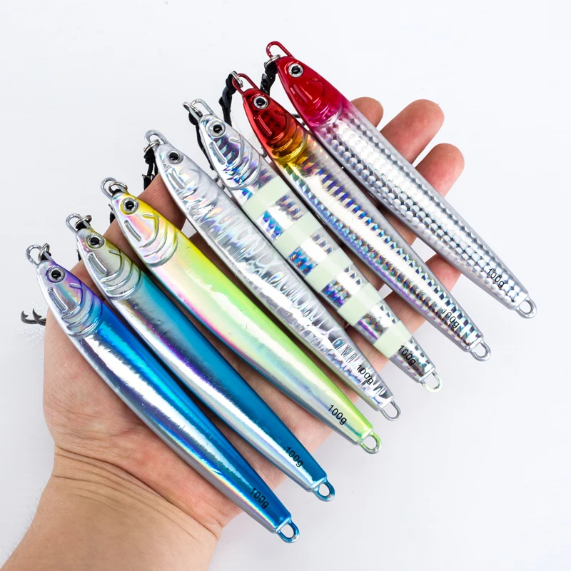 7Pcs 40g 60g 80g 100g Luminous Fast Jigging Casting Lure 7Colors Fishing Metal Jig Bait With Double Assist Hook