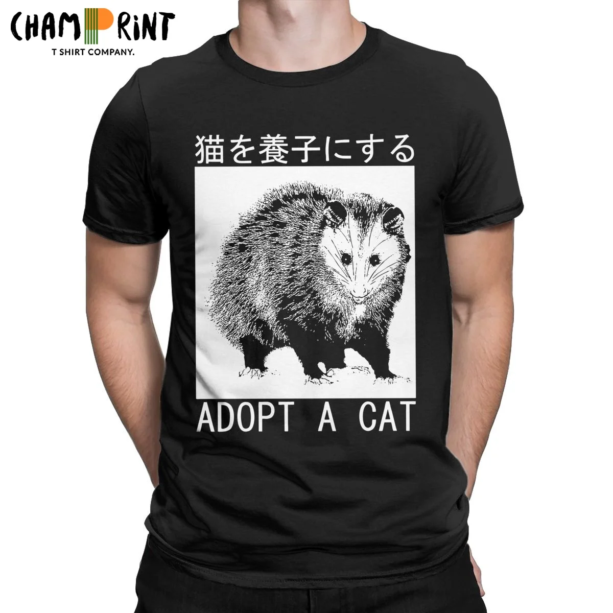 Adopt A Cat Opossum Japanese T-Shirts Men Novelty 100% Cotton Tee Shirt Crewneck Short Sleeve T Shirt Classic Tops