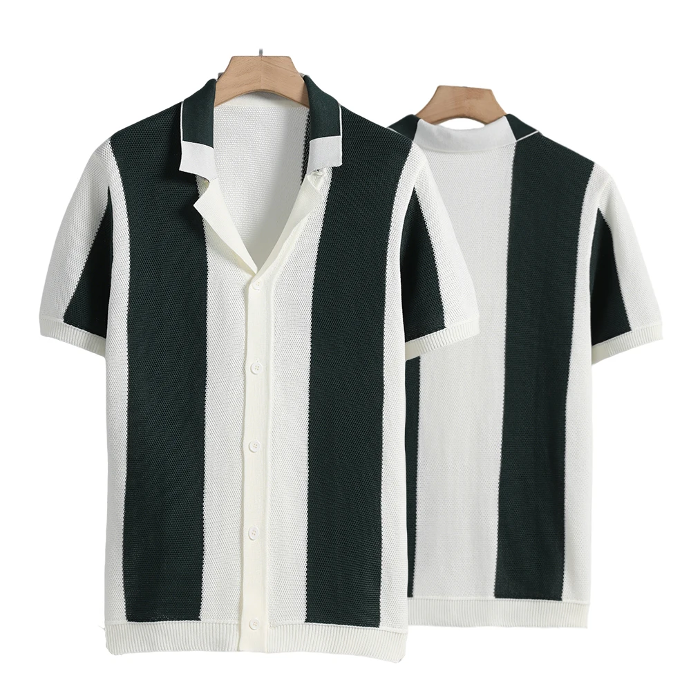 

Men's Short Sleeve Summer Shirts Retro Knit Lapel Business Soft Light Casual Breathable Polo Knitwear Tops US Size