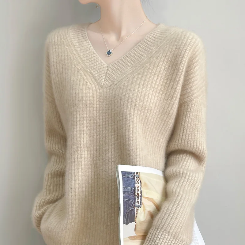 100% Pure Wool Women's Loose V-Neck Knitted Sweater Autumn/Winter New Solid Round Neck Thick Warm Pullover Casual Versatile Tops