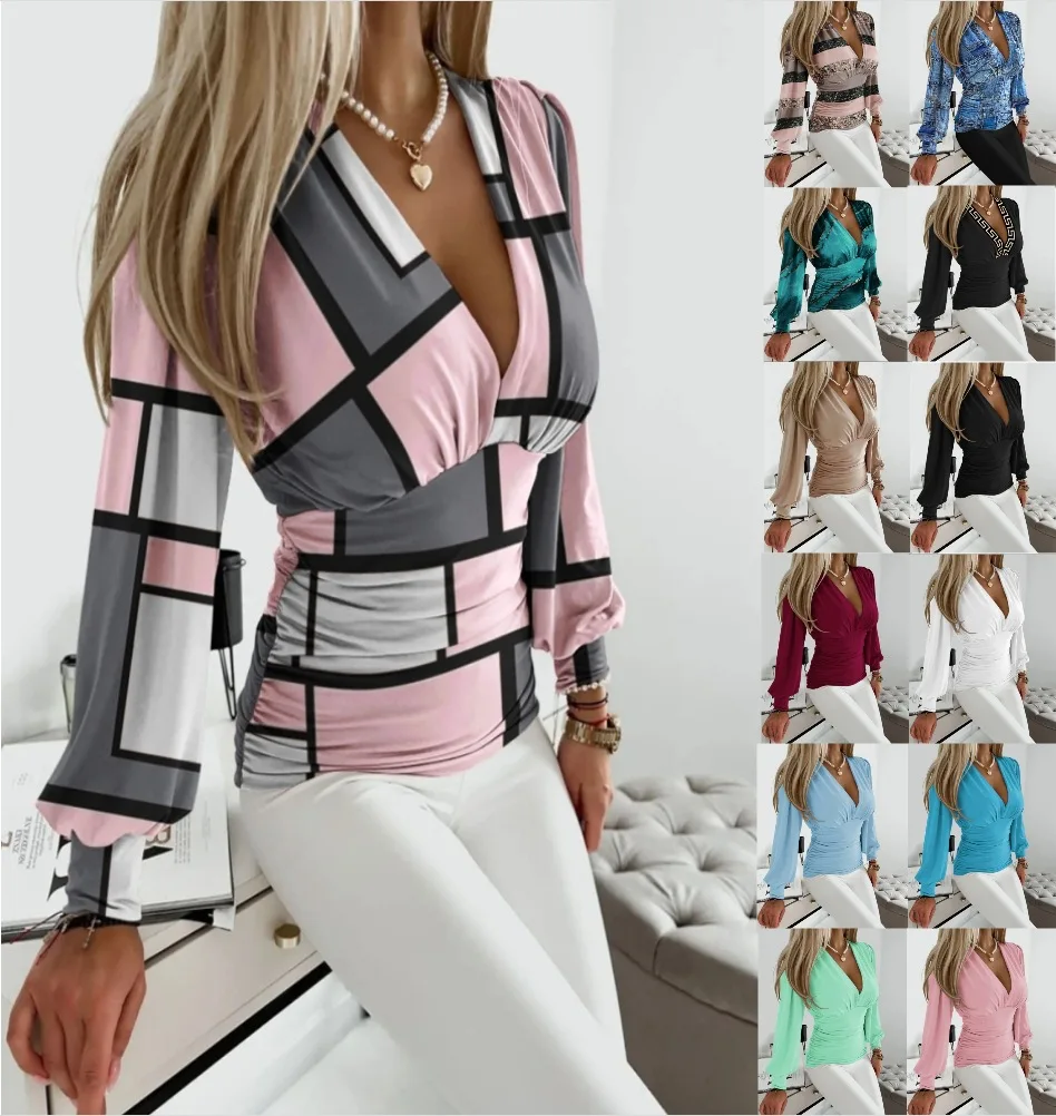 

Women's Fashion Top 2024 Spring Summer Latest Commuter Long Sleeved Sexy V-Neck Printed Shirt Elegant Lantern Sleeve Blouses