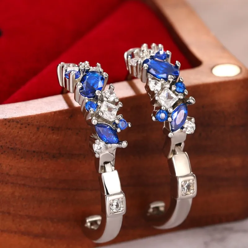 Huitan Fashion Blue Hoop Earrings for Women Silver Color New 2023 Modern Circle Earrings Daily Wear Party Wedding Trendy Jewelry