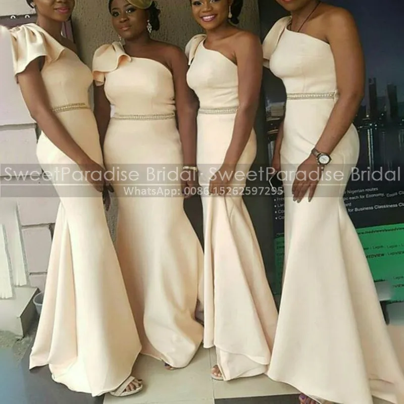 Champagne Beads Mermaid Bridesmaid Dresses With Bow Customized One Shoulder Long Sheath Satin Sleeveless Wedding Party Dress