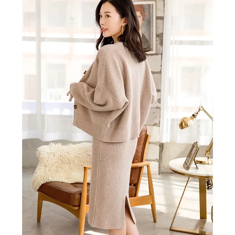 aliaga Europe fashion autumn winter 100% cashmere cardigan women\'s knitted jacket skirt thick warm two-piece cashmere suit