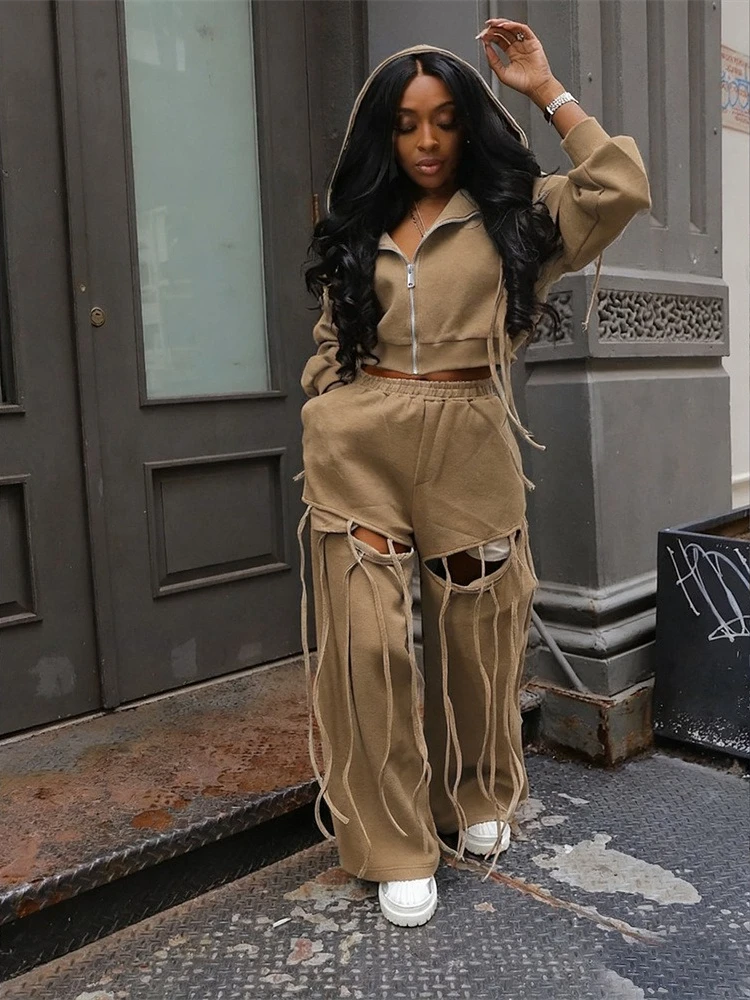 الشارع الشهير قطعتين مجموعة امرأة رياضية ركض تجريب سستة طويلة الأكمام مقنعين سترة ثقب شرابة Sweatpants فرقة الرياضة #6