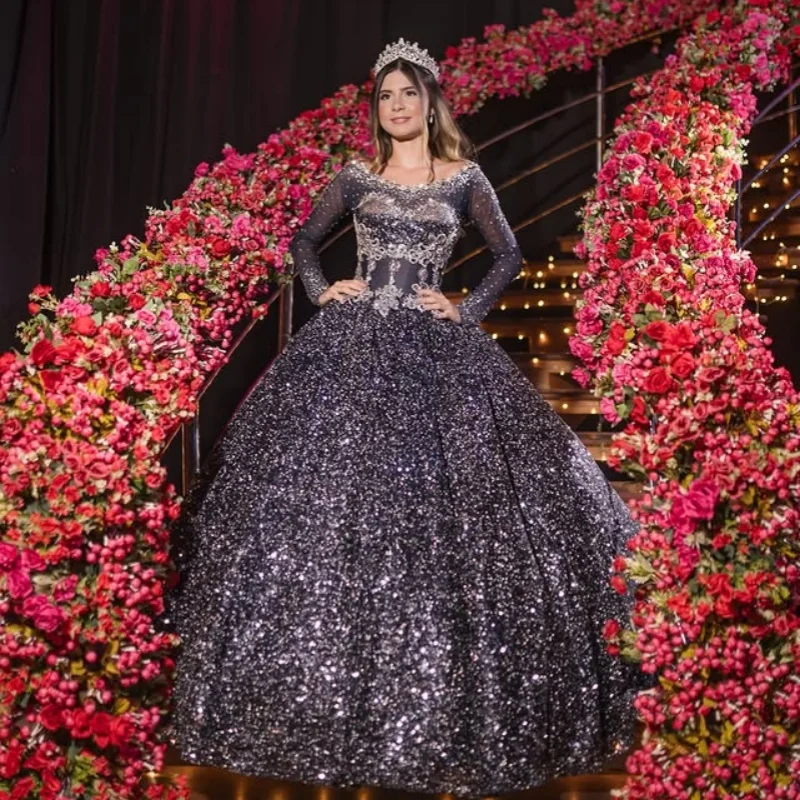 

Shiny black Quinceanera Dress off-shoulder long sleeves glitter decal vestidos de 15 Quinceanera ﻿Customized