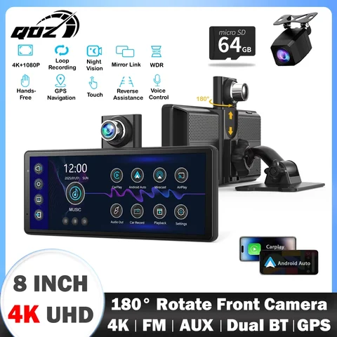 QOZ 9 Inch 4K Dash Cam Wireless CarPlay Android Auto GPS Car Monitor Multimedia Rearview Camera Video Recorder Car DVR Bluetooth