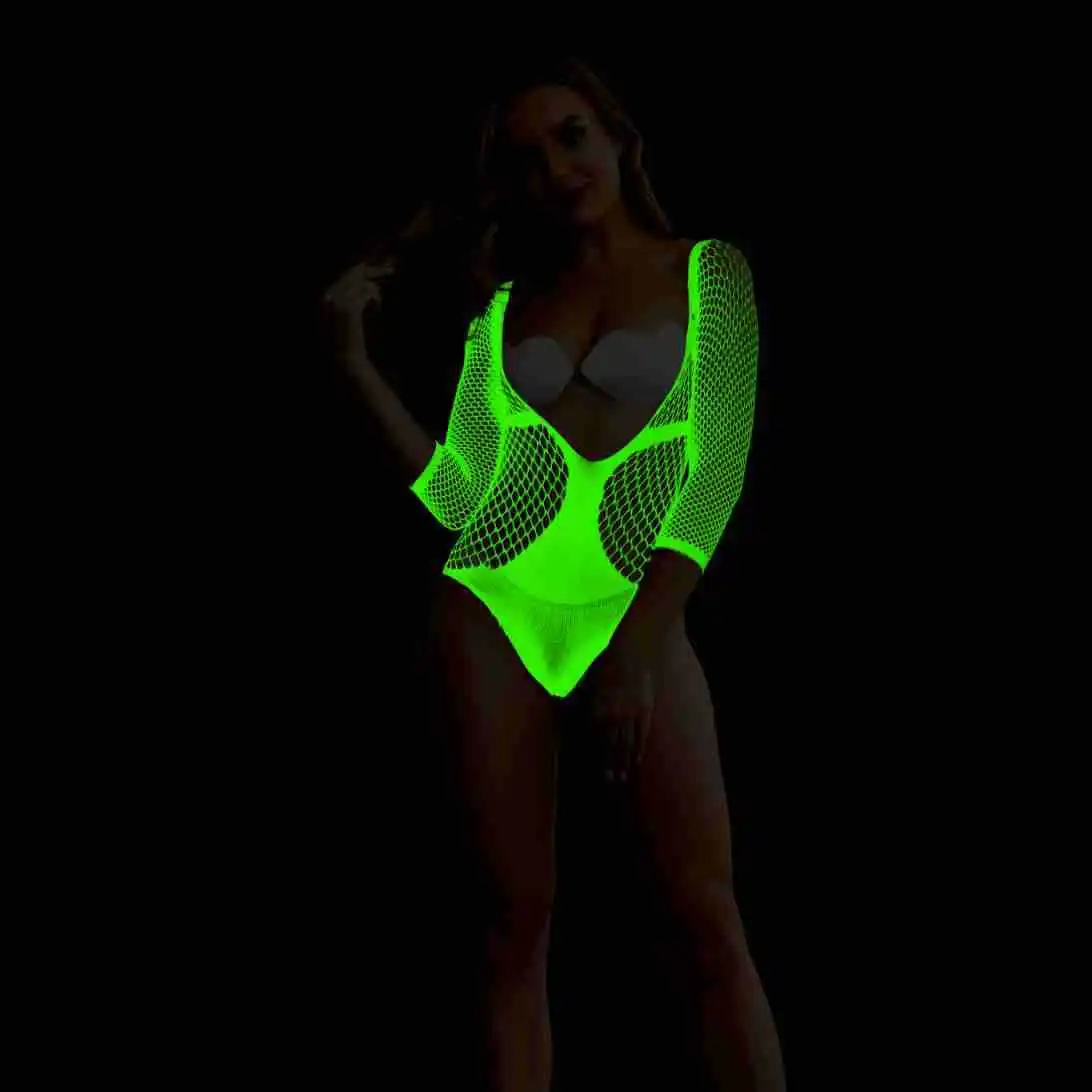 Pole Dance Clothing Luminous Glowing Lingerie Sexy Bodystocking Women Fishnet Gogo Dancer Outfit Rave Bodysuit Exotic Party