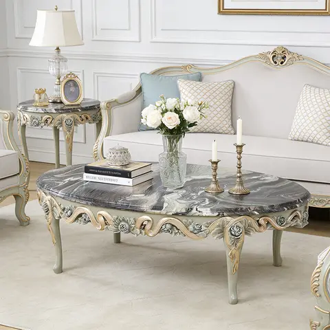 ！@Durability House Interior Luxury Living Room Oval Center Table Hand-carved Rose Pattern Solid Wood Coffee Table With Marble To
