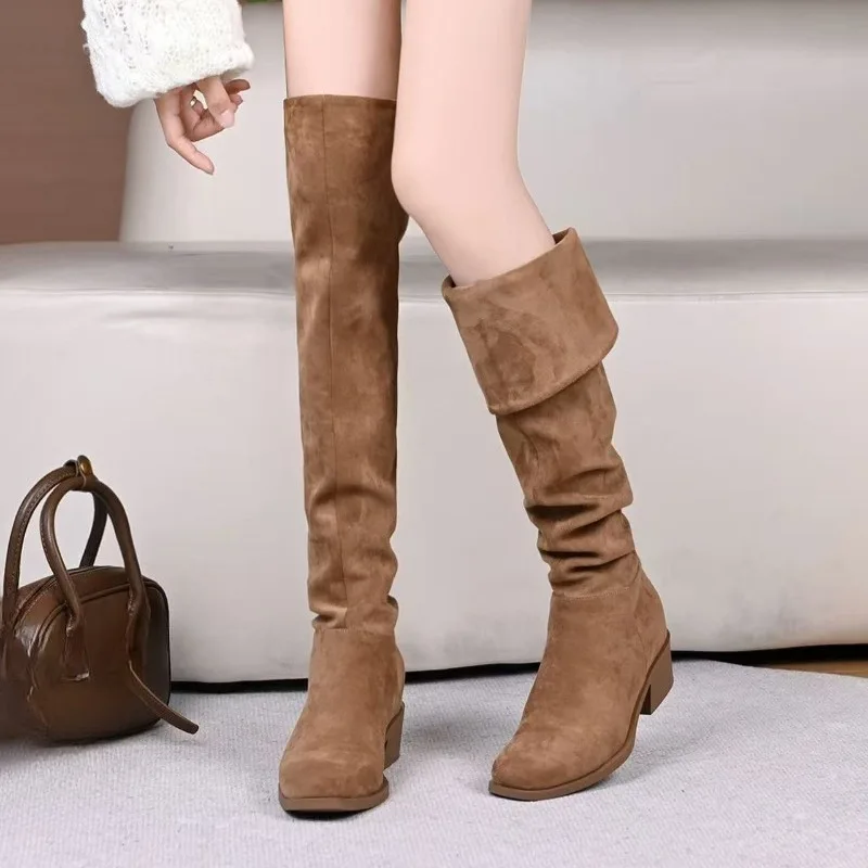 

Women Mid Heels Suede Long Boots Designer Elegant New Shoes 2025 Winter Fashion Knee Boots Party Chunky Pumps Zapatillas Mujer