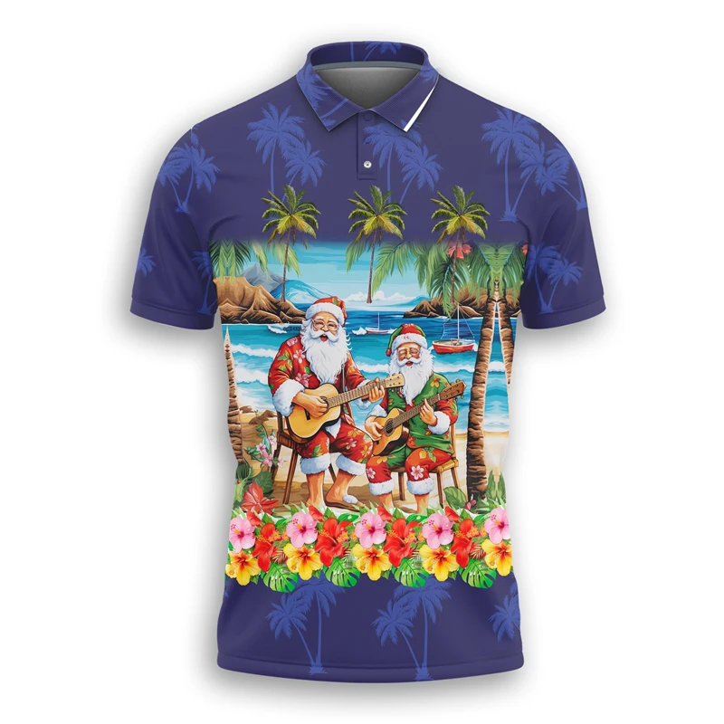 Tropical Christmas Happy 3D Printed Beach POLO Shirt Cute Cartoon Santa Claus Polo Shirts For Men Leisure Sports Men's Xmas Tops