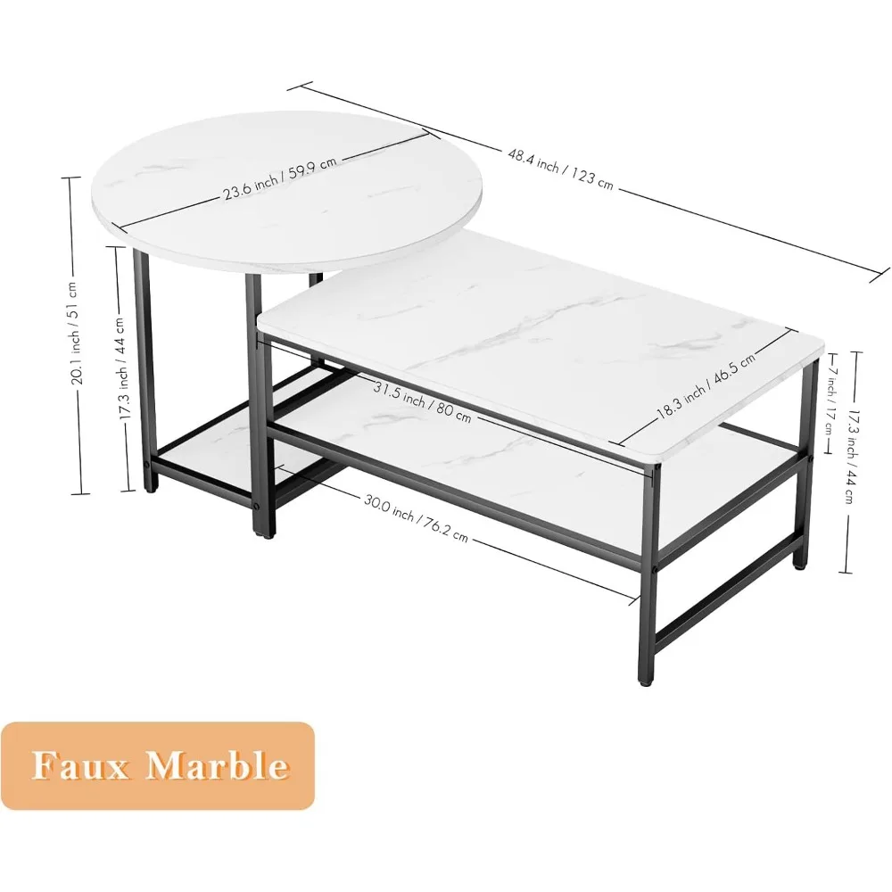 Table Basse Moderne Blanche avec Poignées Amovibles, Faux Marbre, Salon, 2 Petites Tables