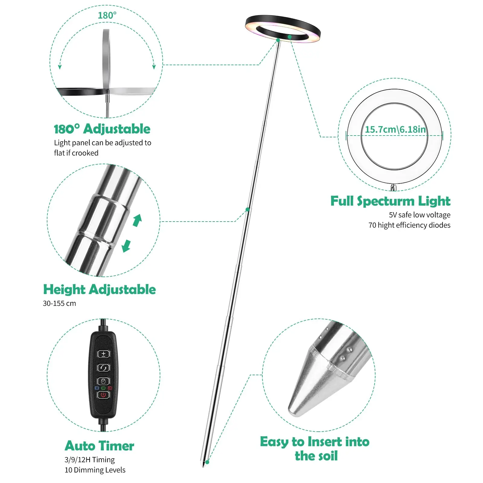 ضوء نمو النبات، ارتفاع قابل للتعديل مع مؤقت تشغيل/إيقاف تلقائي 3H/9H/12H، سطوع 10 عاكس للضوء، مثالي لإضاءة النباتات المكتبية المنزلية