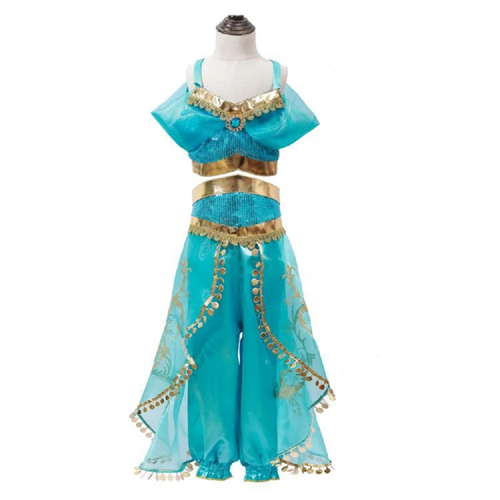 Low Price Cartoon Princess Cosplay Jasmine  Suit Costume Blue Two Pieces Set Halloween Kid