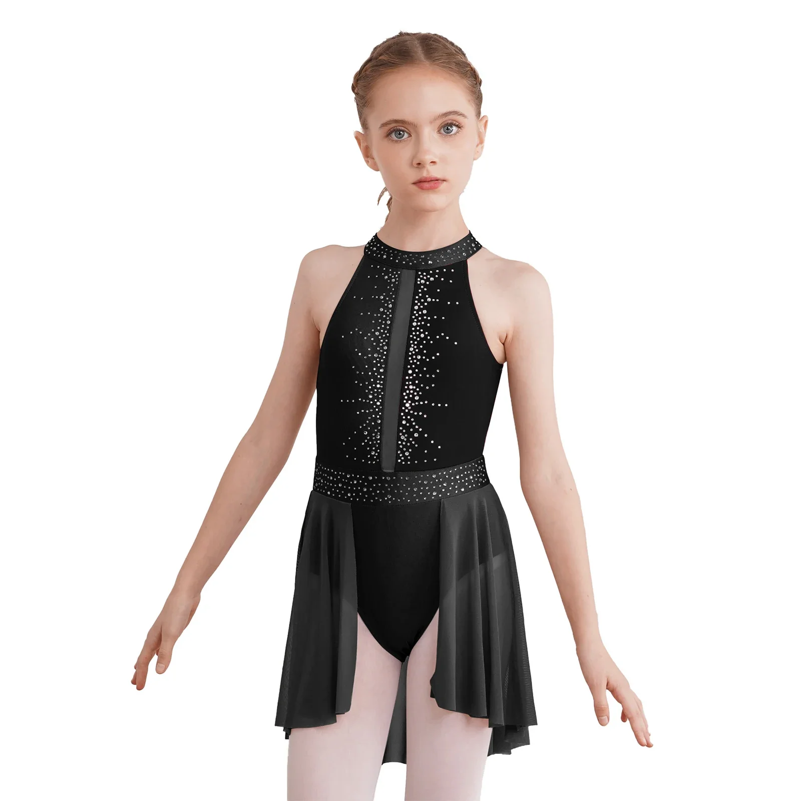 Sleeveless Ballet Leotard Tutu Dance Dress Rhinestone Lyrical Ballerina Gymnastics Performance Costume Girls Dancewear