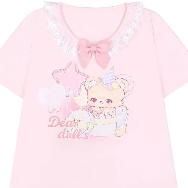 Mezzopiano Summer Japanese Soft Girl Sweet Cute Printed Bow Lace T-shirt Student Daughter Clothes Girlfriend Top Girl