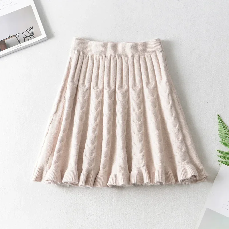 

Knitted Solid Color Skirt Flounce Fried Dough Twists Skirt for Girls College Autumn and Winter New A-line Fishtail High Waist