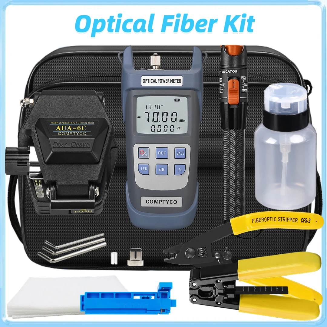 

FTTH Fiber Optic Tool Kit with Fiber Cleaver AUA-6C Optical Power Meter -70~+10dBm Visual Fault Locator 10mw