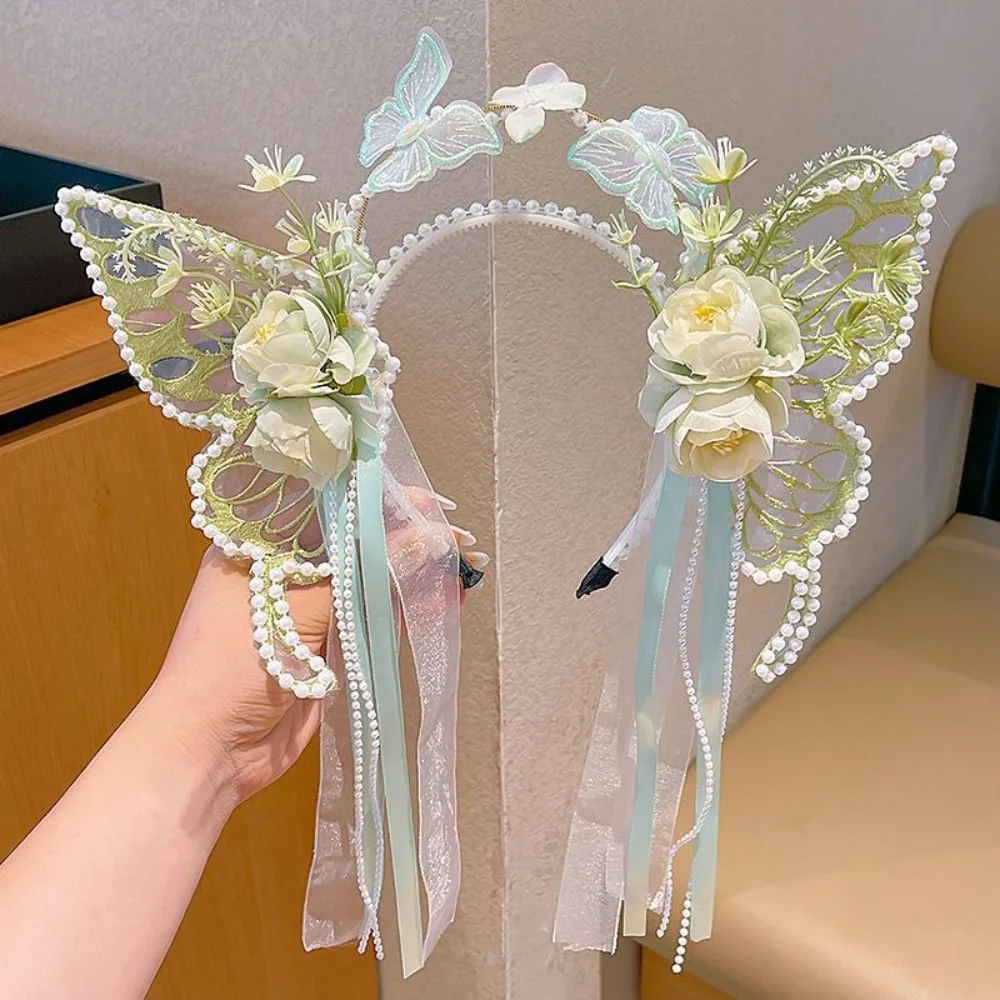 

Fashion Sweet Butterfly Fairy Hair Hoop Kawaii Mesh Elf Ear Headband Embroidery Headwear Flower Headband Daily