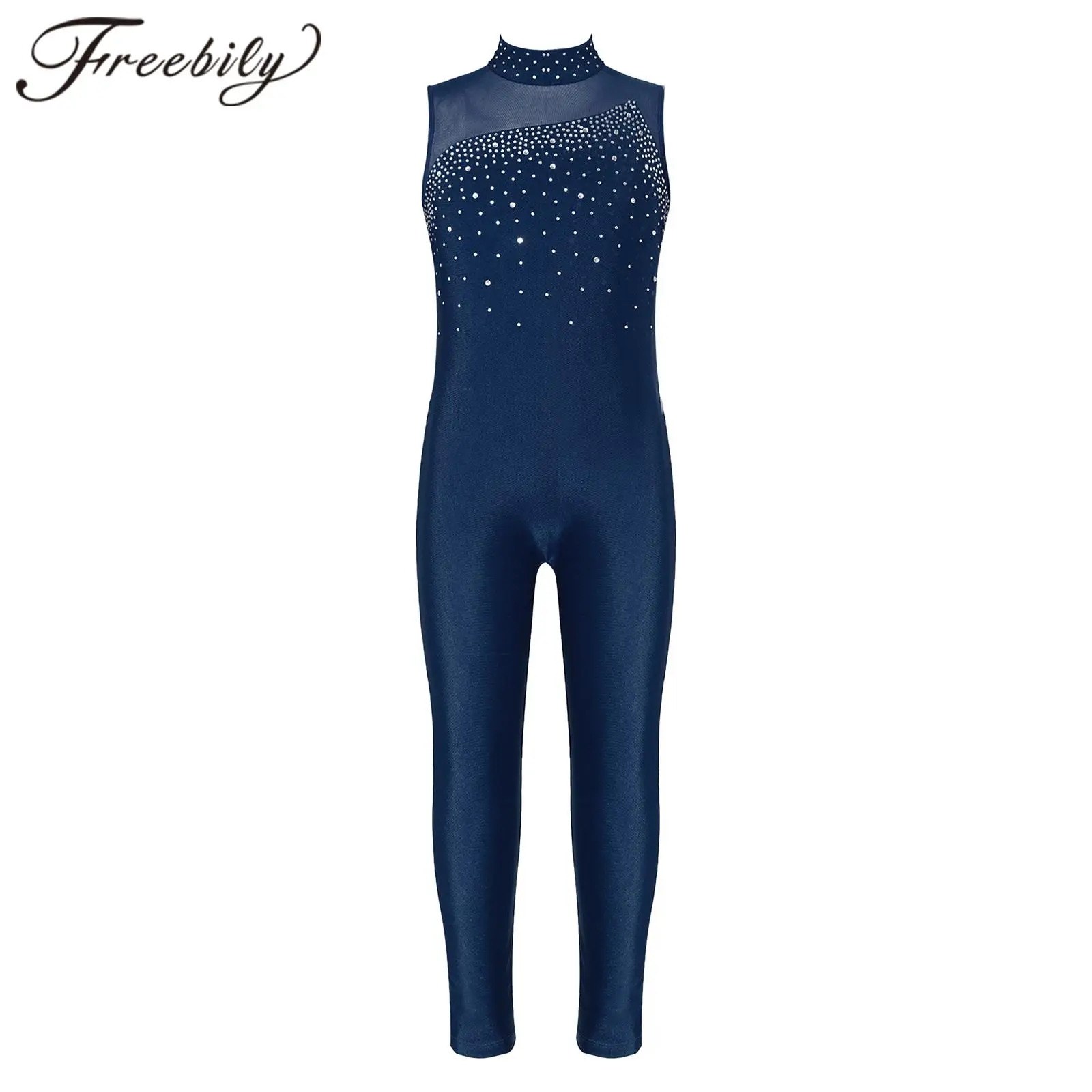 Kids Sleeveless Rhinestone Gymnastics Jumpsuit For Girls Ballet Leotards Bodysuit Children Figure Ice Skating Jumpsuits Unitard