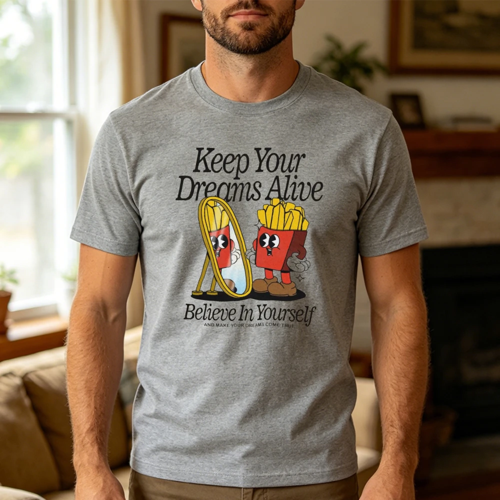 Fast Food Fries Mirror Self Reflection Men T Shirt Funny Cartoon Graphic Tee Self Love Encouragement Top Urban Trendy Tops