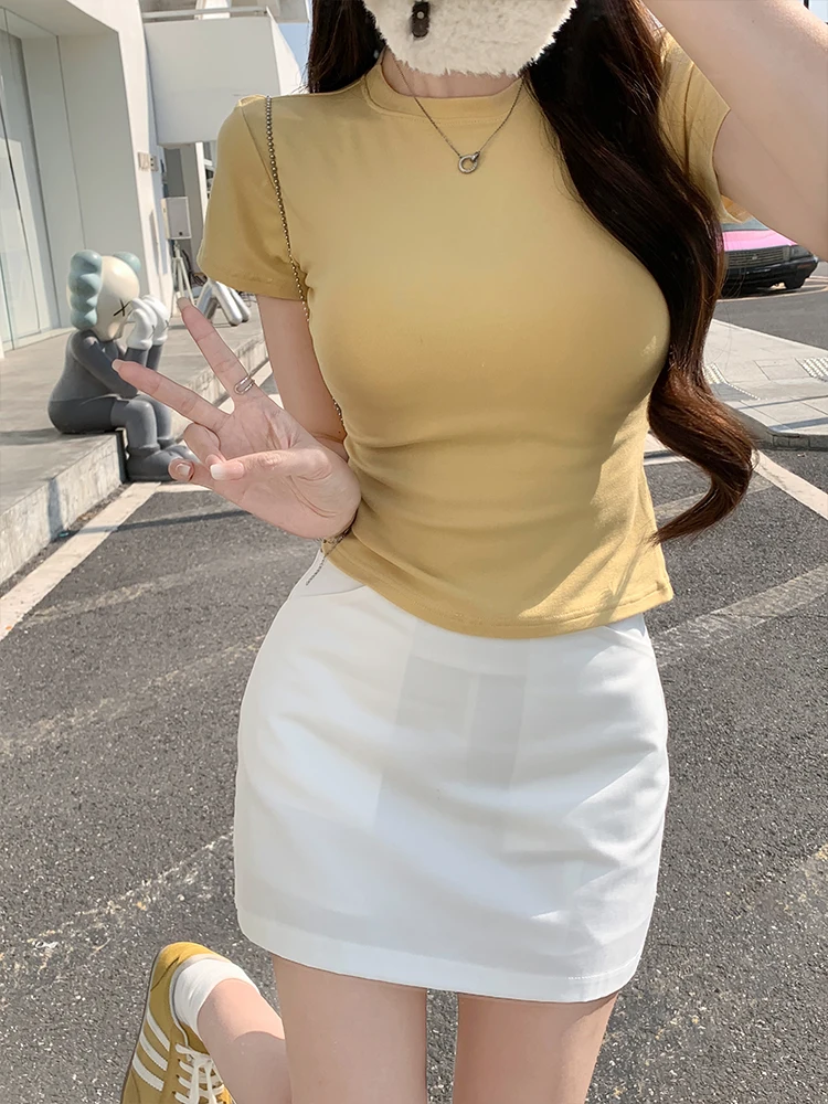 

MosesQueen Red A-Line Skirt Women's Summer Slimming Leg Lengthening Hot Girl Short Skirt High Waist Cotton Blend Slim Fit