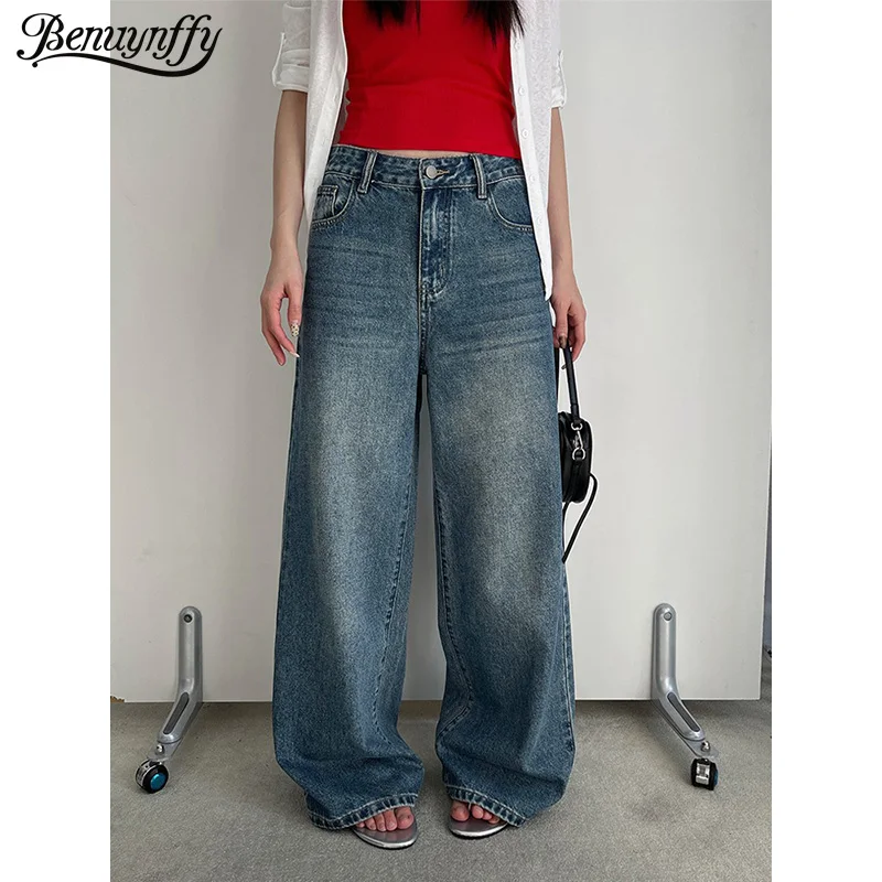 

Benuynffy Vintage Mom Jeans Women 2026 Spring New American Fashion Baggy Denim Pants Streetwear Low Rise Denim Wide Leg Trousers