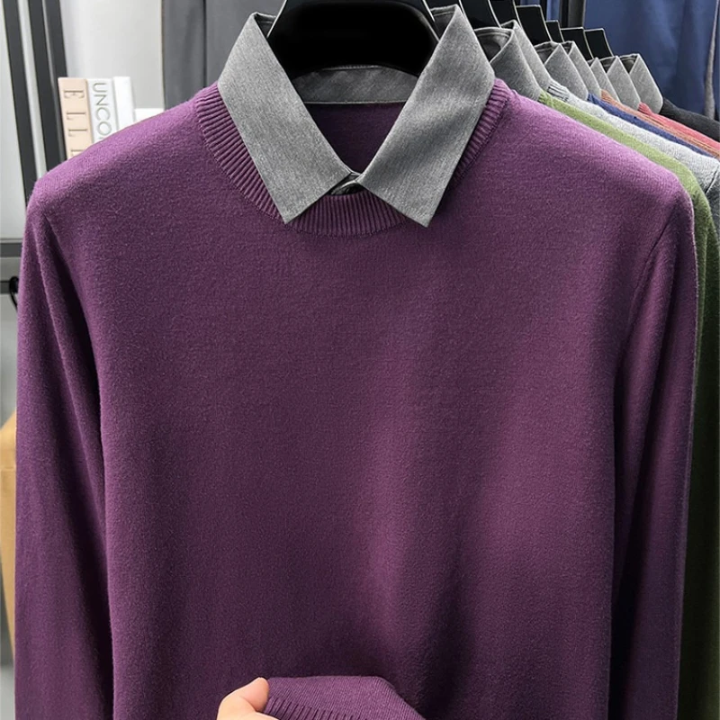 Men's Grey Faux Two-Layer Knit Sweater, Button-Down Shirt Collar with Soft Wool Blend Fabric, Smart Business Autumn Casual Wear