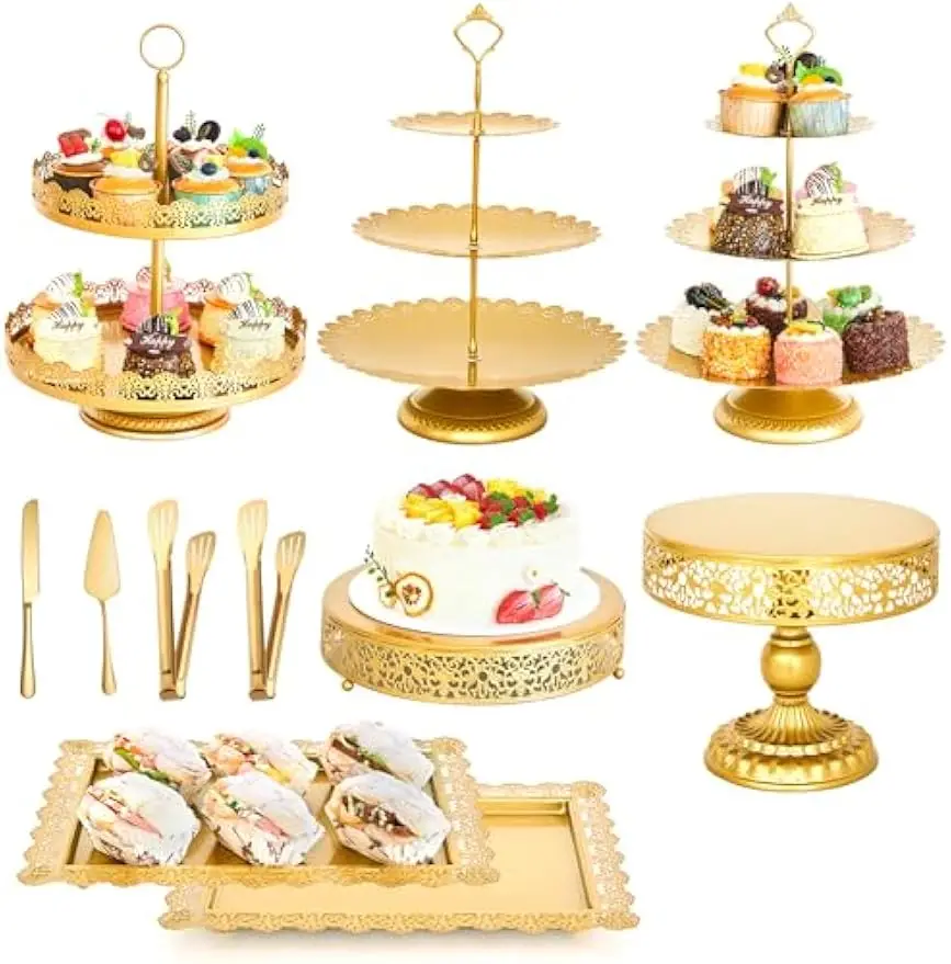 

11-Piece Gold Cake Stand Set for Wedding, Birthday, and Party Dessert Displays with Square Trays and Round Base