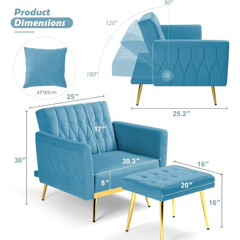 Velvet Accent Chair with Adjustable Backrest and Armrests, Single Recliner Armchair for Living Room, Bedroom , Baby Blue