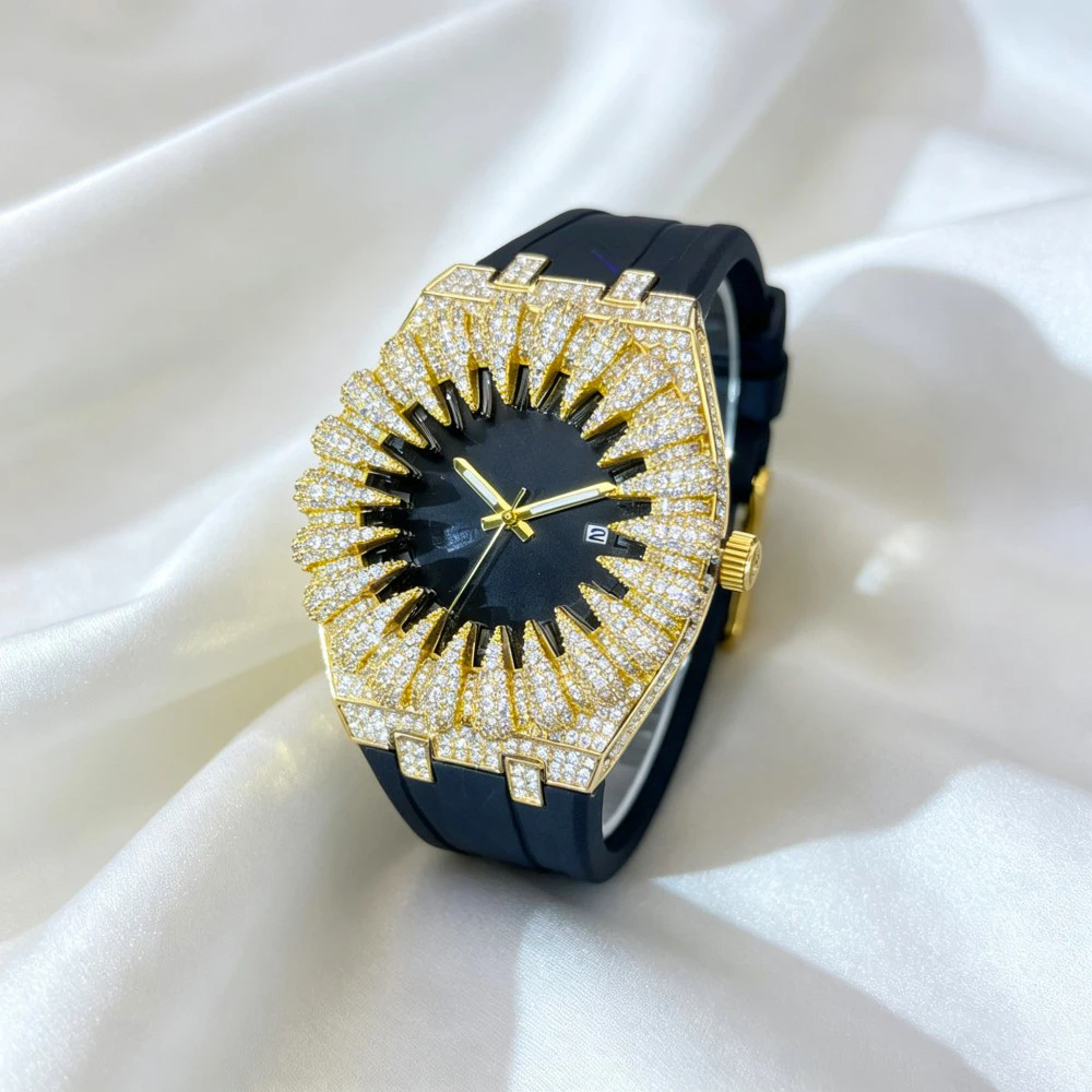 MISSFOX New Design Iced Diamond Watch Men Automatic Date Fashion Waterproof Quartz Clocks Hip Hop Gold Jewelry Wristwatch Gift