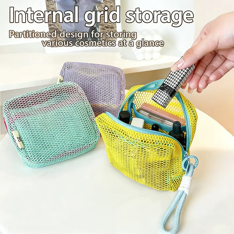 

1PCS Square Mesh Cosmetic Storage Bag Portable Square Cosmetic Storage Bag with Zipper Multi-purpose Sundries Storage Bags