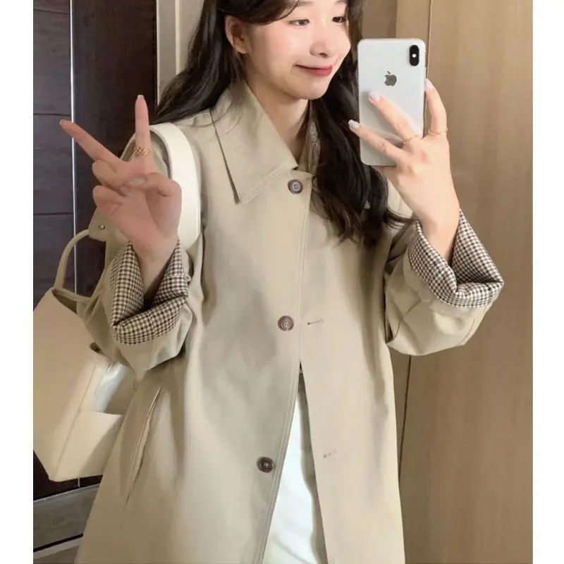 Gabardina de mujer caqui estilo coreano británico Top de longitud media