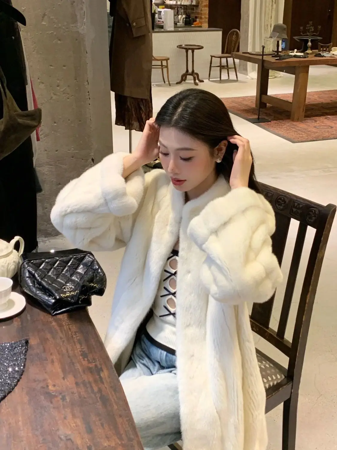 인조 모피 울 코트 여성용 아침용 편안한 턴다운 써멀 퍼리 블록 패션 여성 심플 페미니나 퓨어 태슬 바 하이엔드