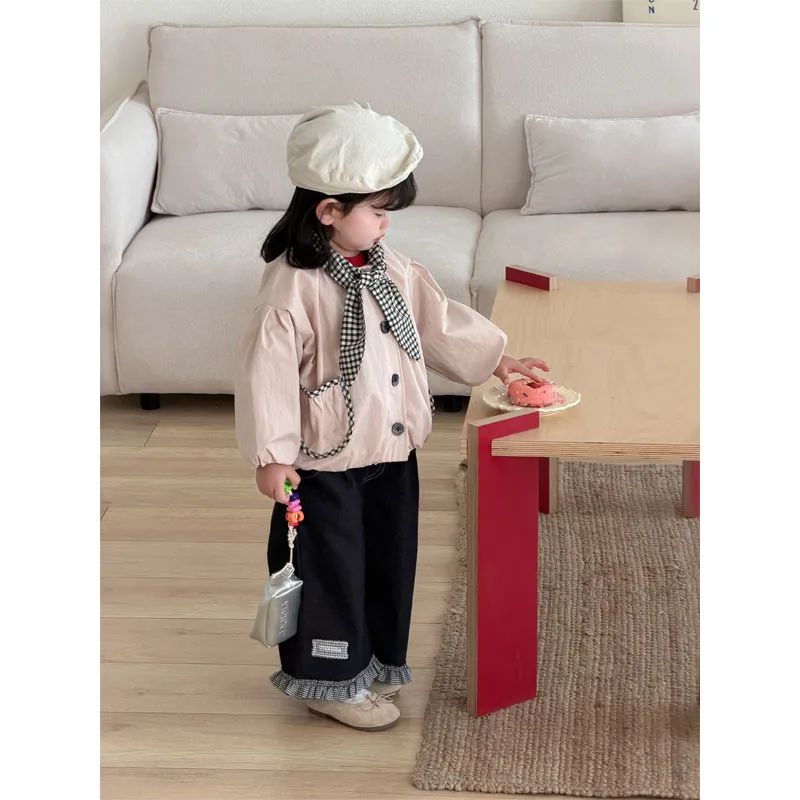 Girls' Outerwear Children's Spring and Autumn New Spliced Plaid Collar Top Baby Spring Korean Fashionable Outdoor Wear