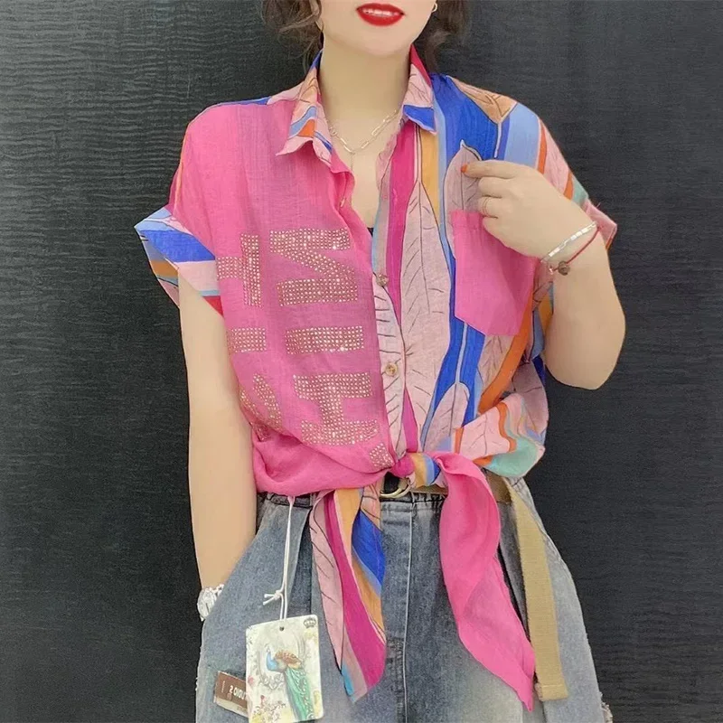 Summer Casual Fashion Diamonds Patchwork Chiffon Shirt Lady Short Sleeve Loose All-match Buttons Tops Women Printed Blouse