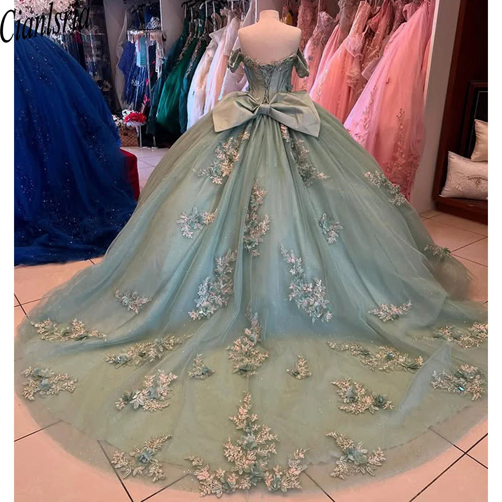 Mint Green Ball Gown Quinceanera Dresses Girls Birthday Party Vestidos De Xv Años With Gold Appliques