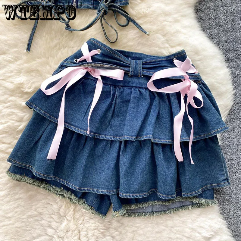 

Spicy Girl A-line Short Skirt Fluffy Blue Denim Pleated Skirt Built in Shorts Pink Lace Up Design Y2k Streetwear Korean Fashion